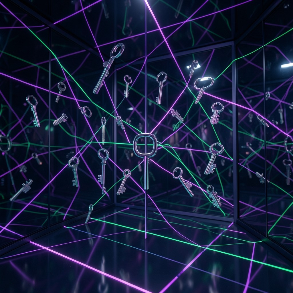Futuristic digital security vault chamber with glowing purple and emerald lines